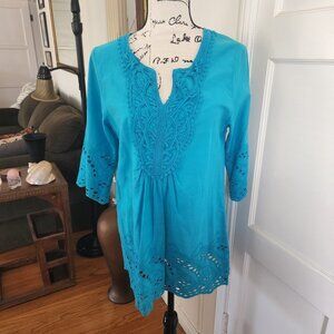 Santoori Blue Lace Top with Three Quarter Length Sleeves NWT Sz M